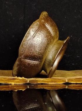 古董古玩仿古铜加厚花瓣文玩碗莲花造型龙图乡下收藏老物件