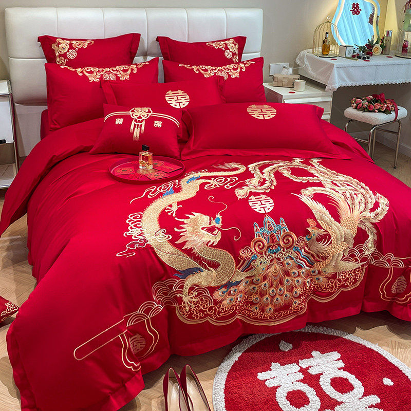 新中式婚庆四件套大红色床单龙凤刺绣被套结婚床上用品陪嫁婚房,淘宝优惠券,粉丝福利购,淘宝优惠卷