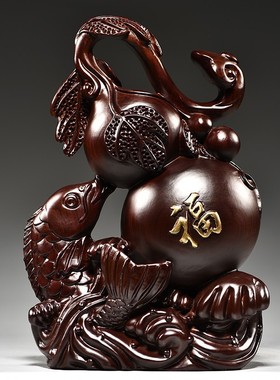 黑檀木雕刻福禄有鱼葫芦摆件办公室装饰质家居送礼实木摆设工艺品