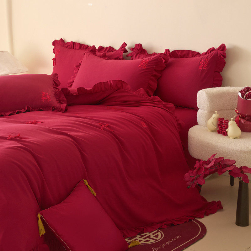 约喜字刺绣100S婚庆四件套大红色床单新婚被套喜被结婚床上用品,淘宝优惠券,粉丝福利购,淘宝优惠卷