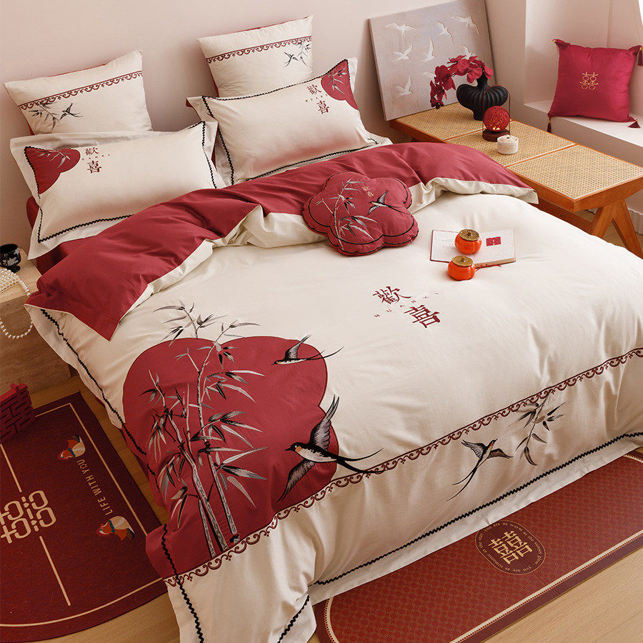 新中式欢喜婚庆四件套全棉100支长绒棉刺绣红色结婚被套床单床笠,淘宝优惠券,粉丝福利购,淘宝优惠卷