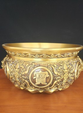 聚宝盆摆件狮头黄铜黄铜家用客厅办公室开业装饰铜制聚宝盆摆件