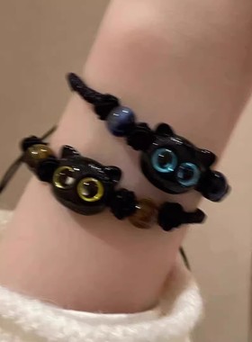 甜酷小喵ins小众设计黑色檀木小猫咪编织手链情侣送闺蜜礼物怪兽