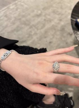 《西柚氧》925银戒指女宫廷复古风星芒满钻轻奢ins小众新款食指戒