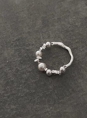 《西柚氧》925纯银碎银戒指女施家珍珠不规则轻奢弹力简约食指戒