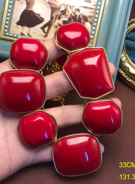 中古 vintage夸张繁花同款红色项链几何不规则港风复古短款毛衣链