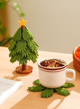 圣诞树隔热垫餐桌高级感摆件创意仿真树实木防烫锅垫折叠杯垫碗垫