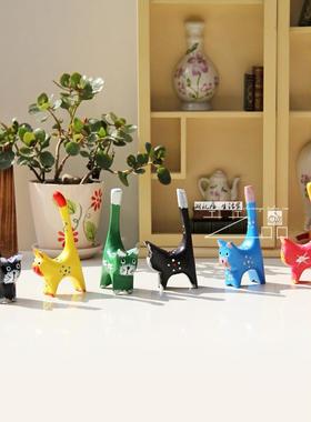 木制小猫摆件手绘动物模型巴厘岛木雕风格书柜办公桌面装饰工艺品