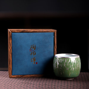 中式竹青釉鎏银主人杯大号手工陶瓷茶杯复古粗陶中正杯礼盒品茗杯