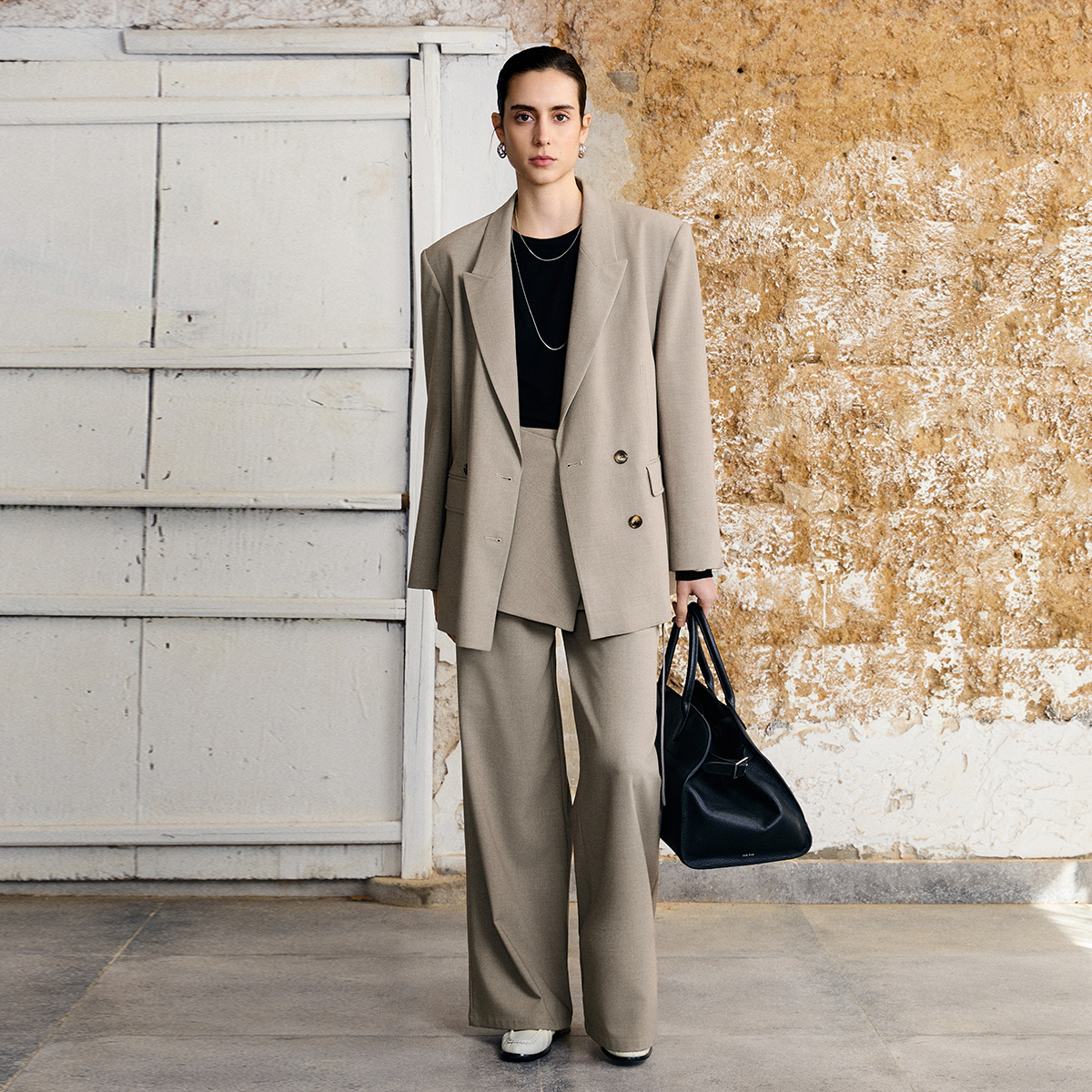 CROWNLESS未冕重磅混色Viscose高智感老钱风戗驳领双排扣廓形西装 - 图0