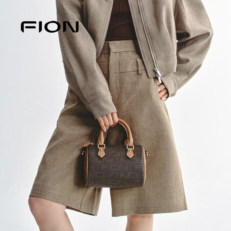 Fion/菲安妮女包老花波士顿包2025新款复古休闲单肩斜挎手提小包