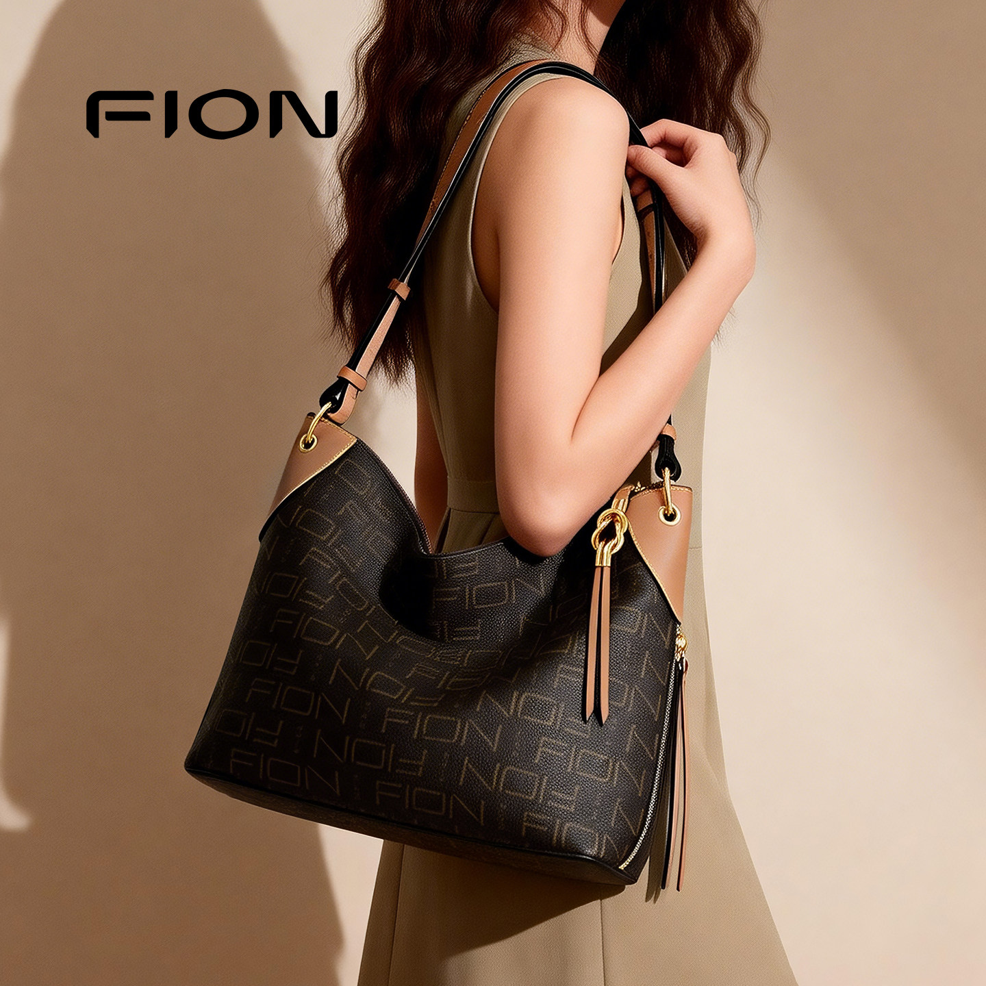 Fion/菲安妮老花托特包2024新款大容量女包包通勤复古单肩斜挎包