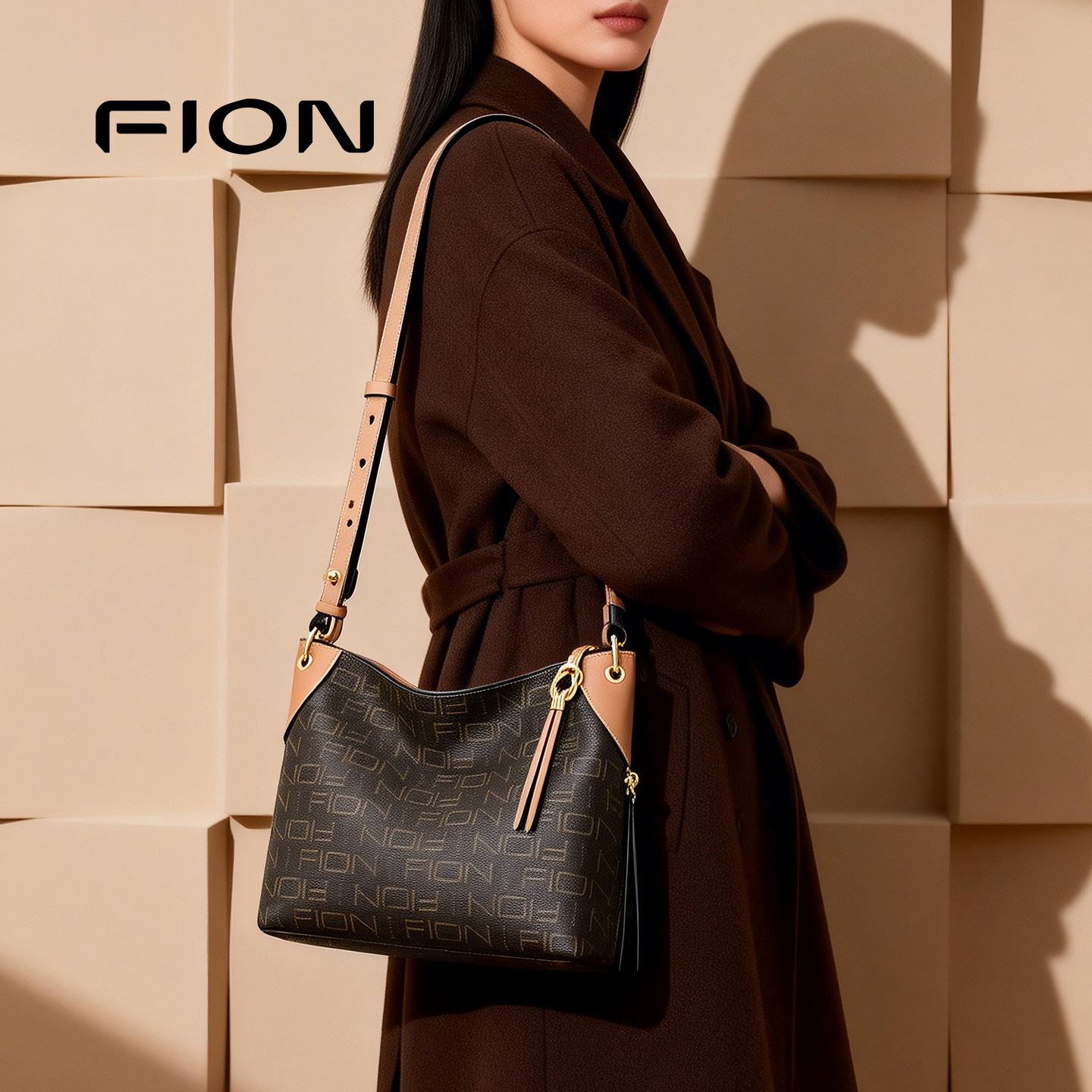 Fion/菲安妮老花托特包2024新款大容量女包包通勤复古单肩斜挎包