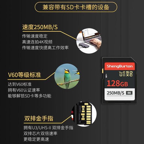 适用佳能尼康索尼富士相机存储卡256G双排金手指SD卡高速内存卡4K - 图0