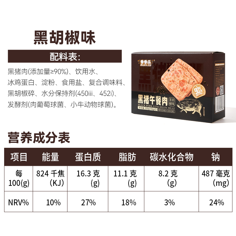 【肉含量≥90%】季季乐甄选黑猪午餐肉健康营养三明治火锅单片装