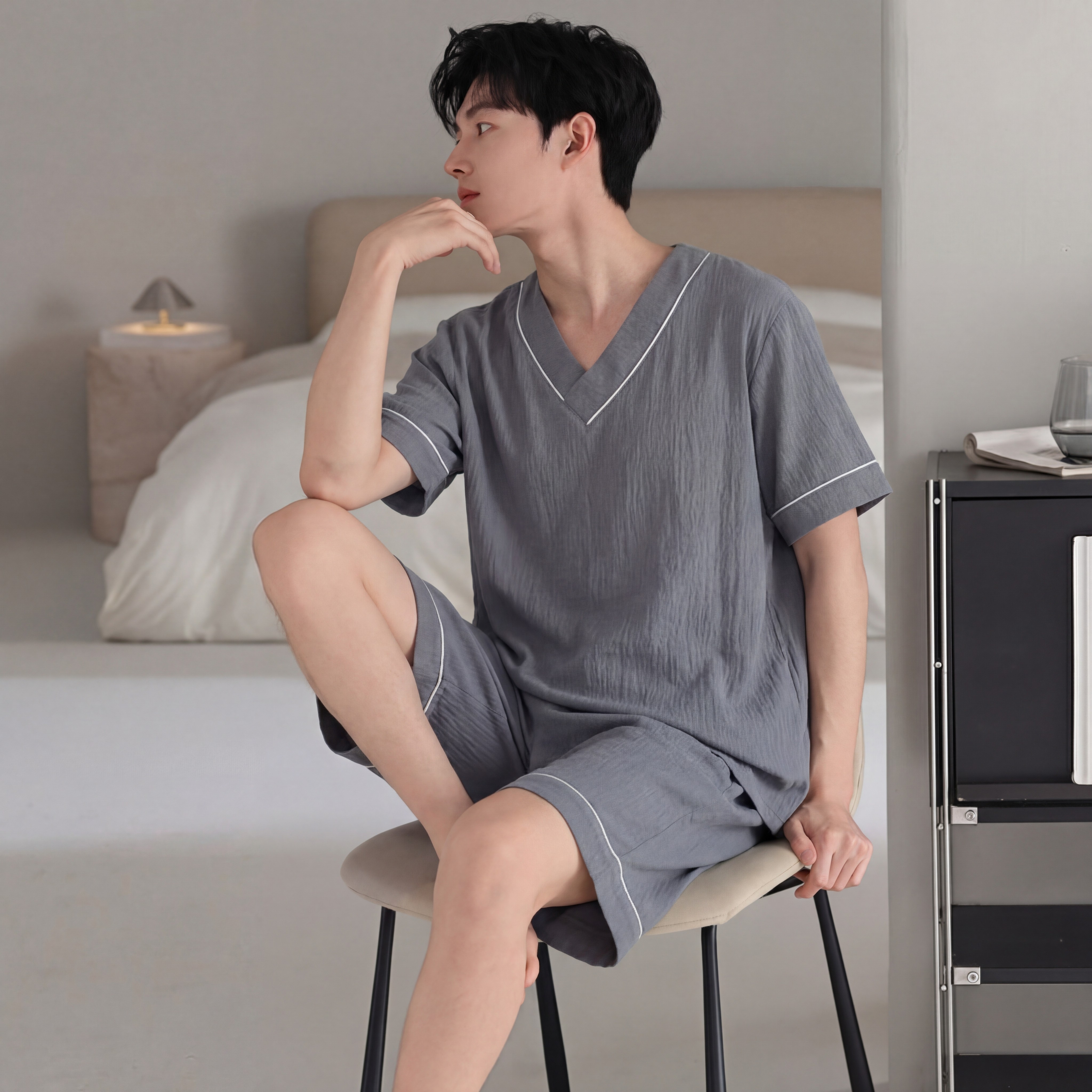 带胸垫防走光睡衣女夏季短袖短裤水墨紫花开衫可外穿家居服套装L