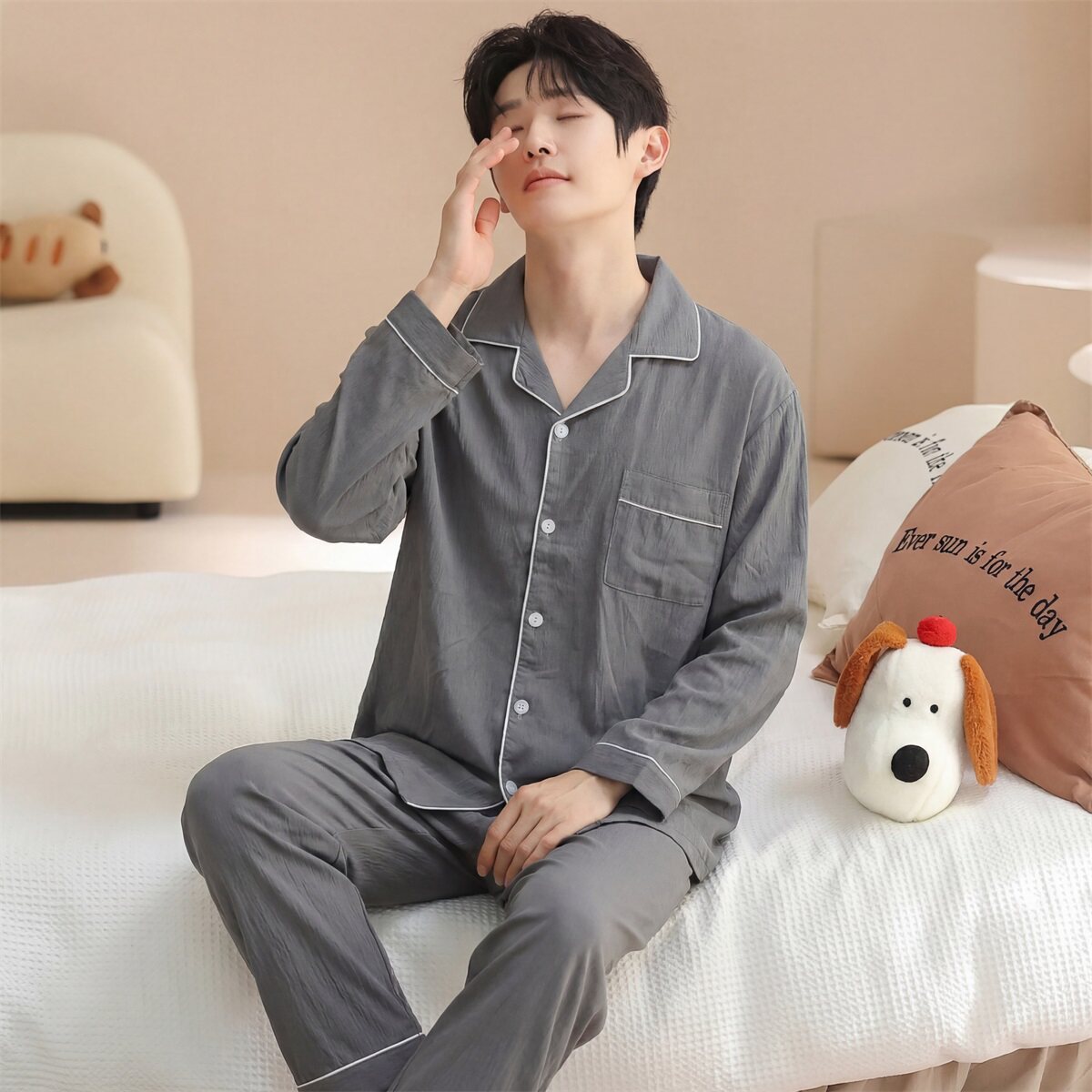 春季新款睡衣女长袖长裤开衫蕾丝花边卡通可爱家居服套装可外穿a