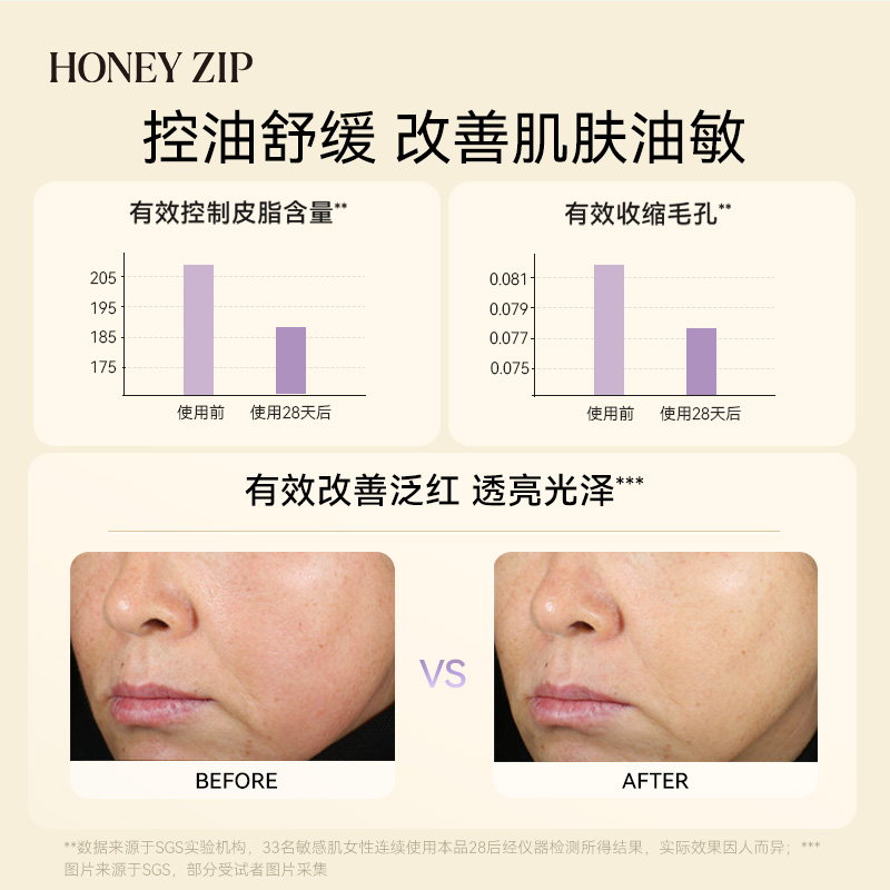 【新品上市】HONEYZIP紫春雨乳糖酸细敛面膜6片补水舒润旗舰正品