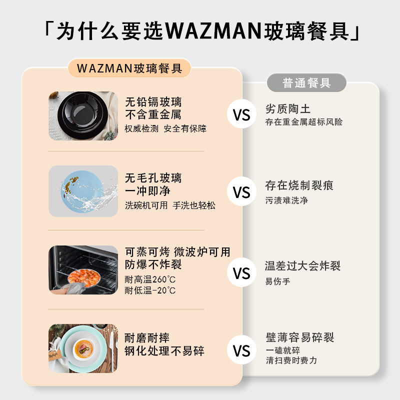 wazman家用餐具套装彩色玻璃耐磨耐摔法式西餐牛排盘洗碗机可用 - 图0