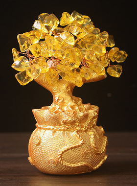 黄水晶发财树摇钱树福袋钱袋树脂摆件客厅电视酒柜装饰品工艺品