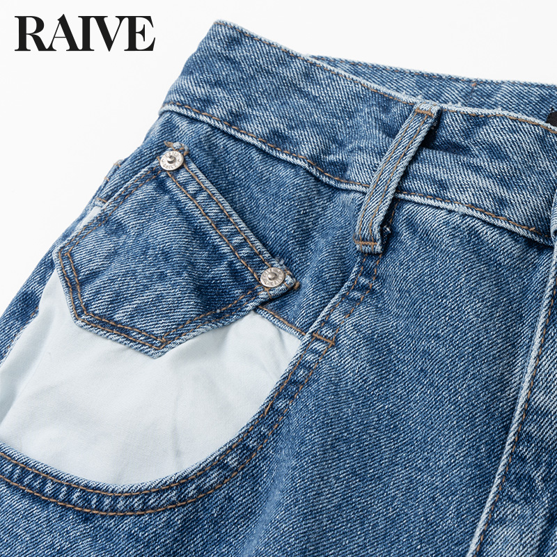 [明星同款]RAIVE2025新款秋复古蓝高腰直筒拼袋通勤休闲牛仔裤 - 图3