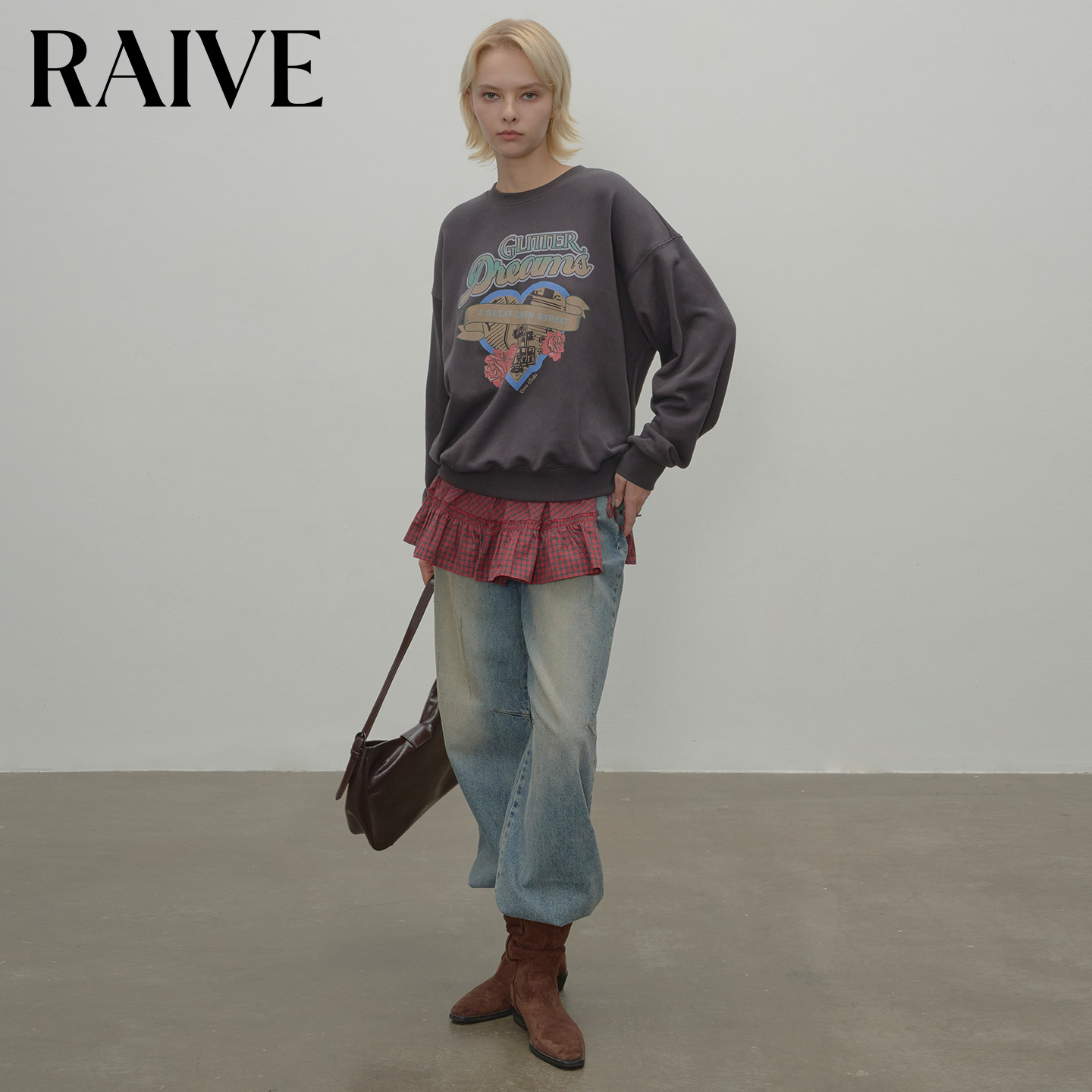 RAIVE爱心玫瑰卫衣2025秋冬新款女宽松落肩字母飘带印花套头上衣 - 图0