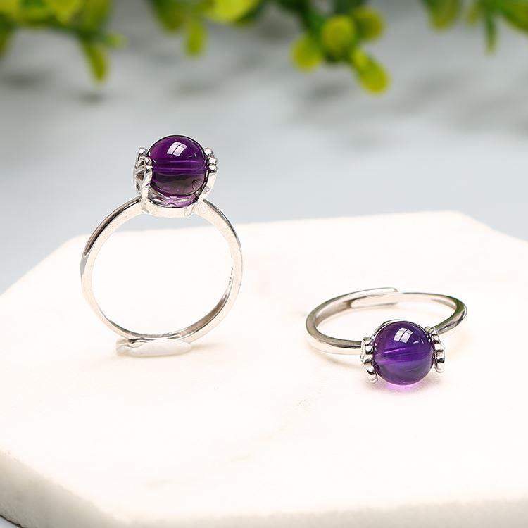 天然紫水晶转运珠紫色戒指女时尚个性镀s925银活口可调节招财指环-图2