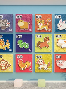 新品12十二生肖幼儿园环创走廊楼梯墙面装饰传统文W化教室背景布