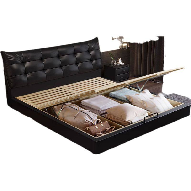 意式极简复古风泡芙黑色皮床家用小户型主卧双人床婚床储物软包床,淘宝优惠券,粉丝福利购,淘宝优惠卷