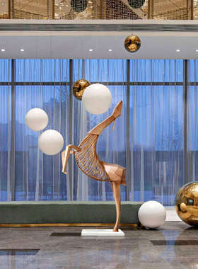 木雕几何鹿落地摆件酒店t大堂售楼处软装饰大型抽象雕塑装置艺术