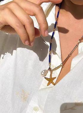 原版现货新款珐琅度假风蓝色项链高级感海星珍珠轻奢锁骨链颈链女