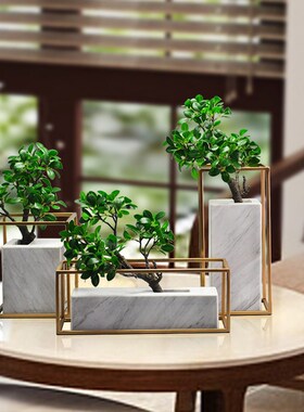 新中式大理石铁艺仿真植物盆栽酒店会H所别墅样板房创意软装饰摆