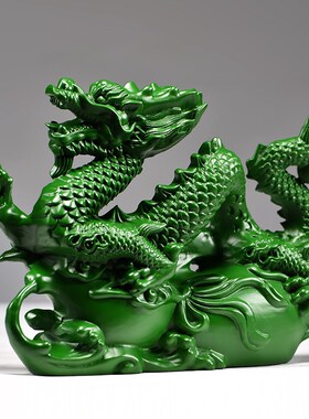 绿色木龙摆件木头龙十二生肖龙工艺品动I物家居送礼实木质雕刻装