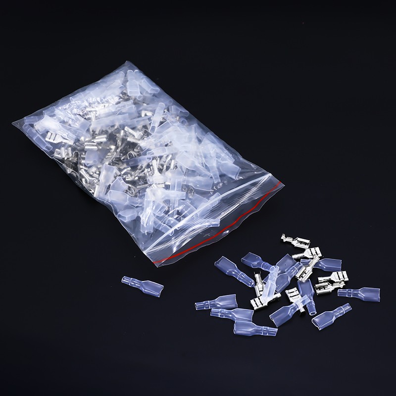 100套 6.3插簧+护套 0.4厚母头铜接插件插拔式冷压接线端子连接器 - 图0