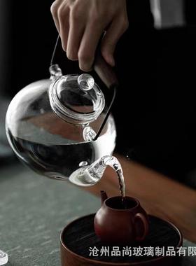 围炉煮茶日式黑胡桃木把提梁壶高硼硅耐热玻璃创意梨形沸水壶