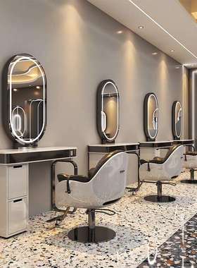 网红美发店镜台带灯单双面发廊大理石理发镜子带柜剪发烫染桌