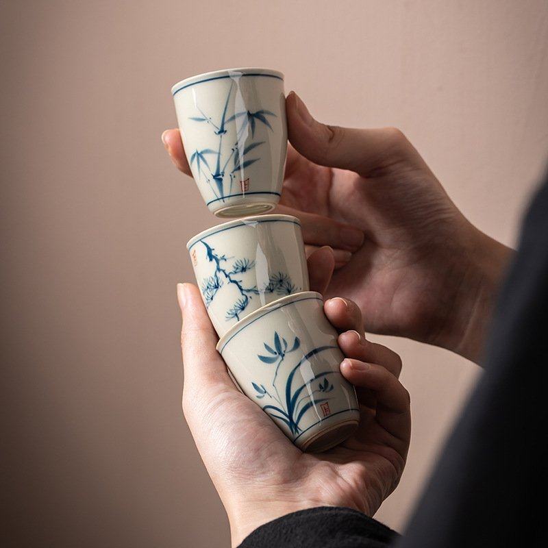 草木灰釉下手绘一壶四杯带托盘功夫茶具茶杯小套装家用商务伴手礼,淘宝优惠券,粉丝福利购,淘宝优惠卷