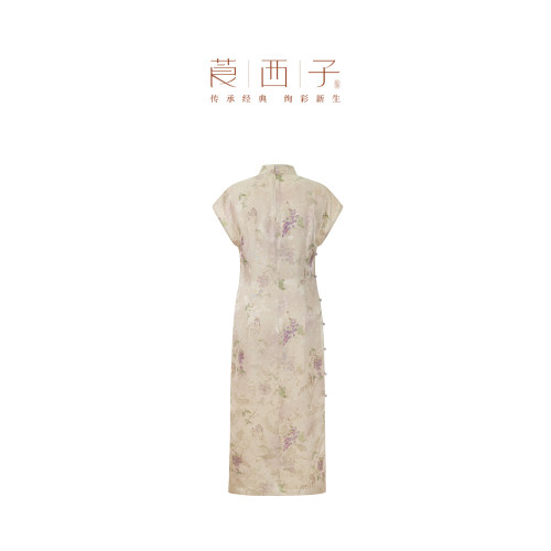 【澄观】莨西子新中式国风桑蚕真丝改良版旗袍连衣裙女短袖长款 - 图0