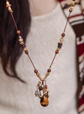 JoJo｜手工绳编天然虎眼石“保平”吊坠长项链纯银钱袋子吊坠叠戴