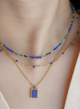 设计师款极细克莱因蓝叠戴项链