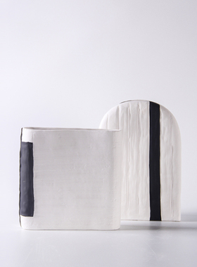 现代简约家居装饰黑白竖纹陶瓷高脚花瓶水果盘摆R件北欧样板间饰