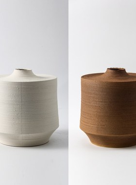 复古侘寂风手工拉丝陶瓷陀螺形花器E花瓶摆件样板间客厅玄关装饰