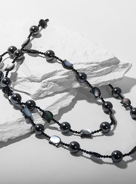 Idokawa黑水晶猫咪珍珠项链女