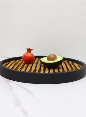 新中式复古编制圆形皮p革装饰盘客厅电视柜卧室桌面书房摆件工艺