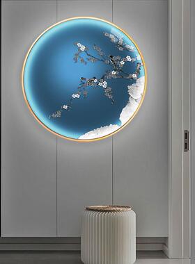 网红走中式新廊入户玄关装饰画 画圆形发光带灯卧室挂画 画茶楼气