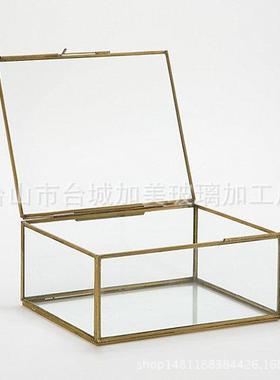 欧美复古做旧铜色方o形玻璃花房珠宝首饰盒古董收纳盒展示道具