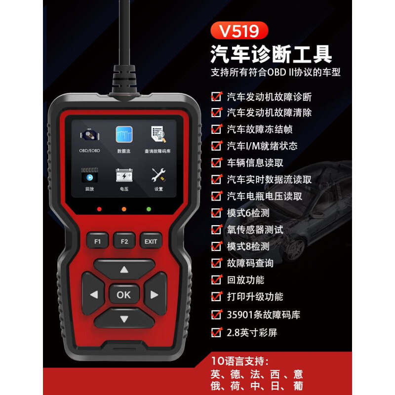 23年新款汽车故障诊断仪ELM327 OBD2 V519汽车读码卡支持多语言-图0