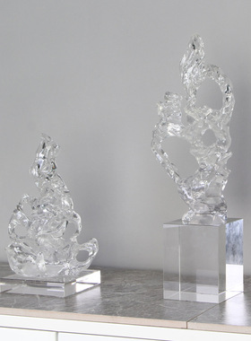 新中式假山摆件样板房间透明水晶太湖石K工艺品家居玄关电视柜装