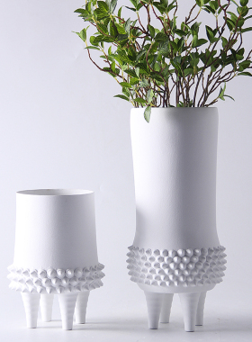 新中式现代简约高脚磨p砂黑白陶瓷花瓶摆件样板房客厅餐桌果盘饰