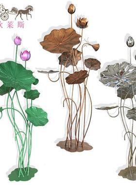 不锈钢荷花金属雕塑摆设庭院水景落地摆件酒店水池铁艺荷叶装饰品